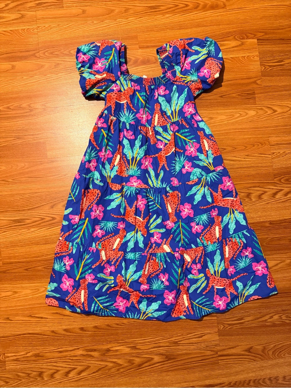 Blue Tropical  Print Puff Sleeve Dress